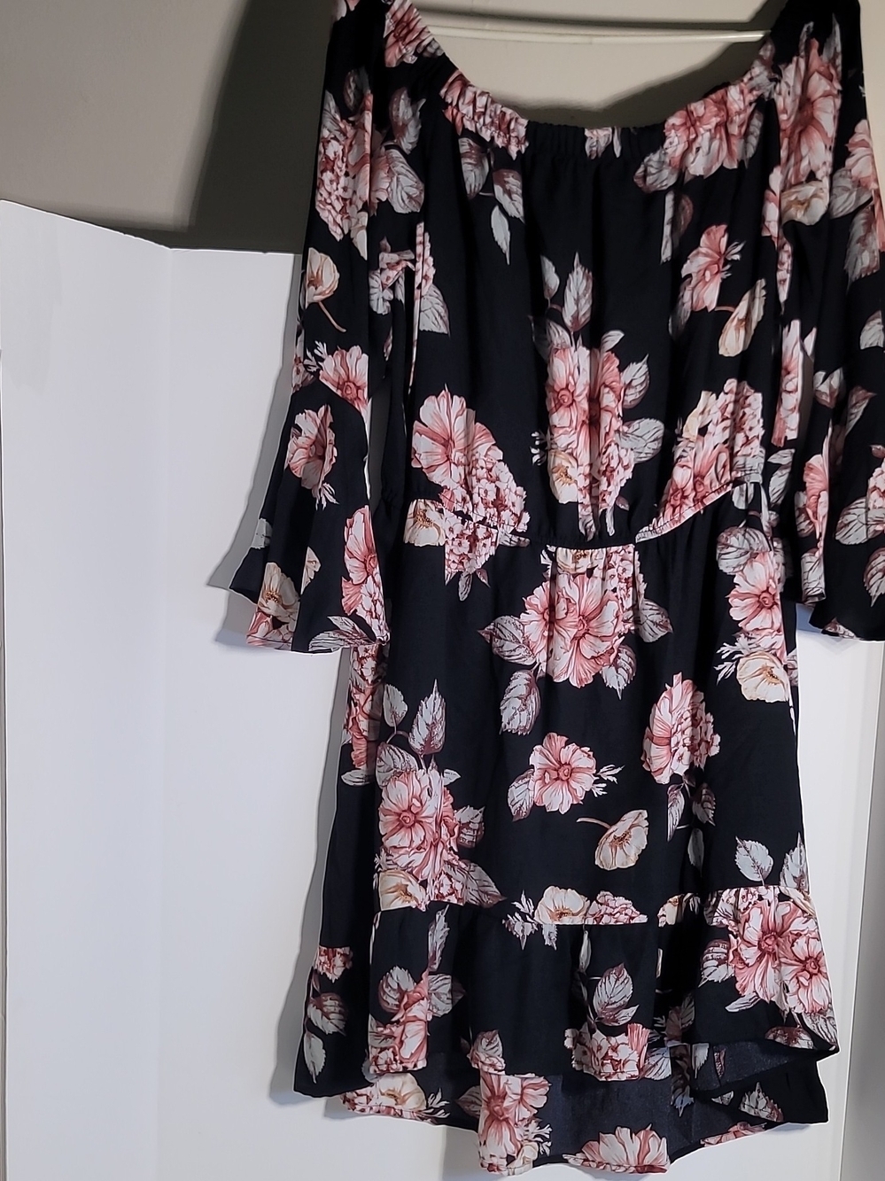 Xhilaration Black Off-Shoulder Midi Dress with Pink Floral Print